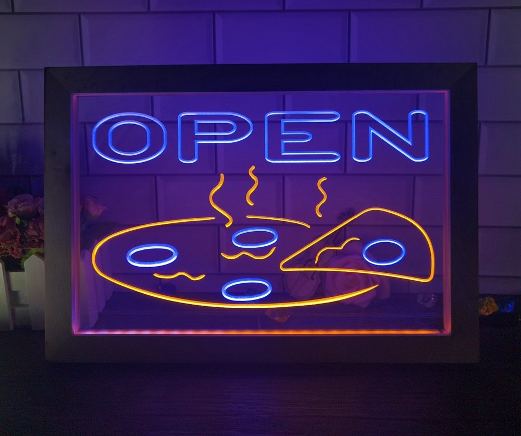 Open Hot Pizza Led Neon Sign Framed Pizzeria Restaurant Wall Hanging Decor