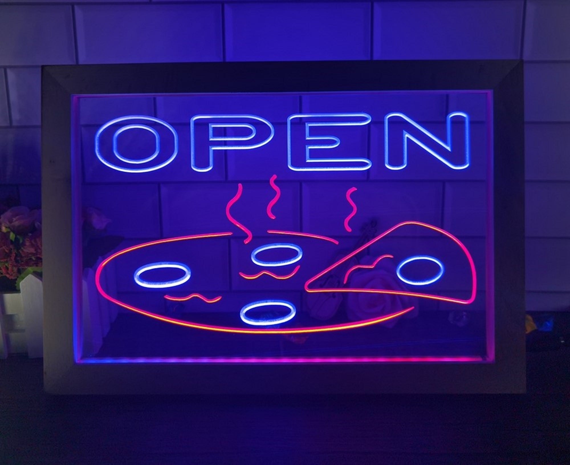 Open Hot Pizza Led Neon Sign Framed Pizzeria Restaurant Wall Hanging Decor