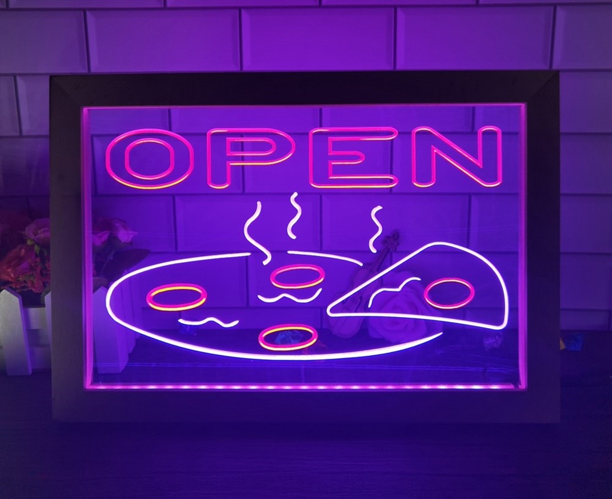 Open Hot Pizza Led Neon Sign Framed Pizzeria Restaurant Wall Hanging Decor