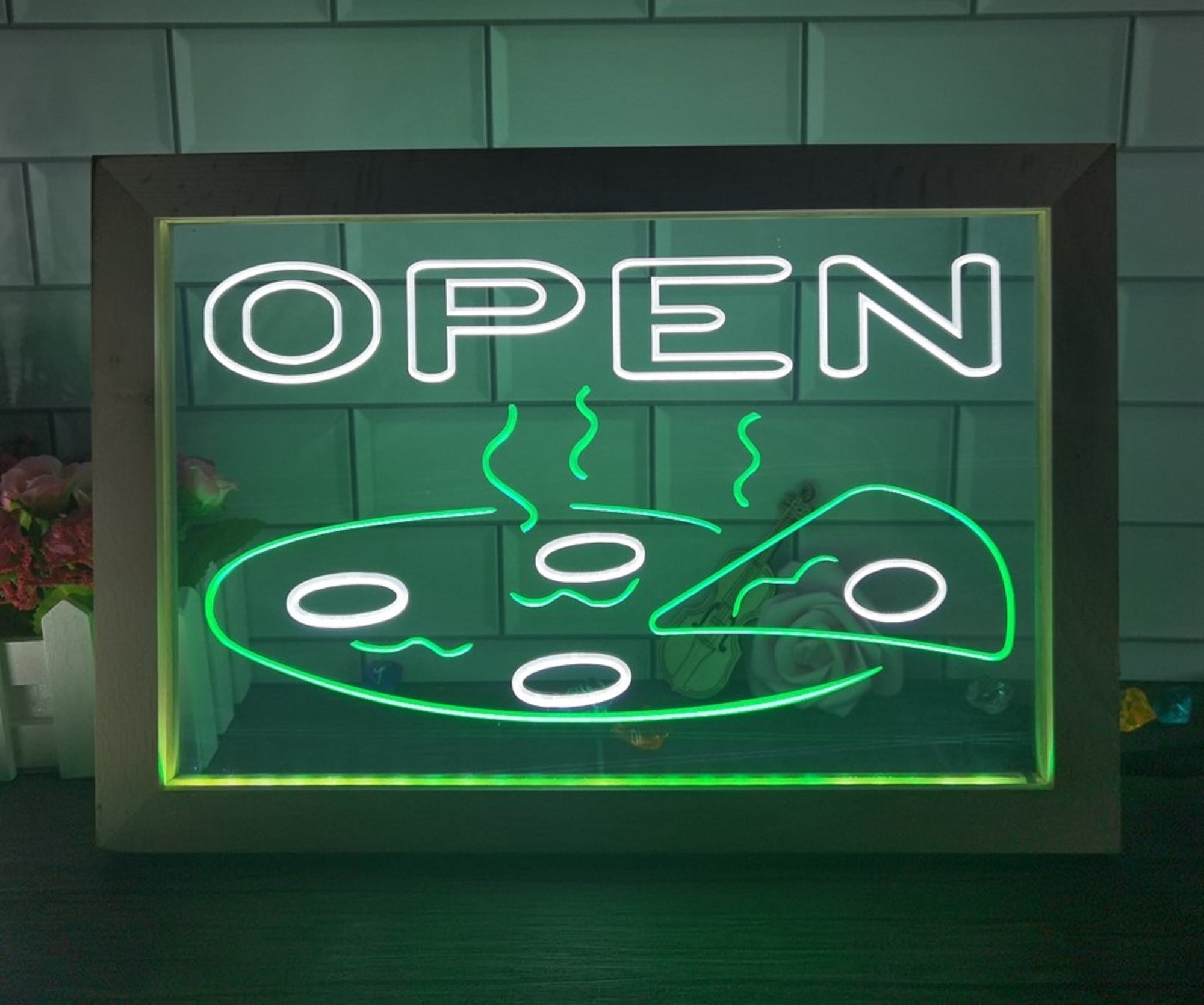 Open Hot Pizza Led Neon Sign Framed Pizzeria Restaurant Wall Hanging Decor