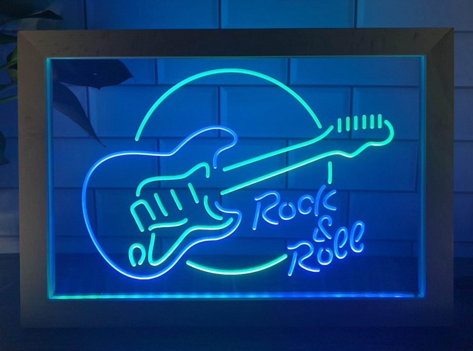 Guitar Roll & Rock Led Neon Sign Framed Home Music Room Recording Studio Decor