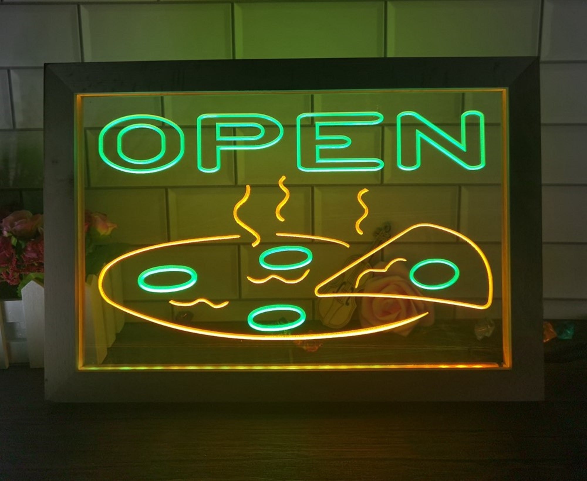 Open Hot Pizza Led Neon Sign Framed Pizzeria Restaurant Wall Hanging Decor