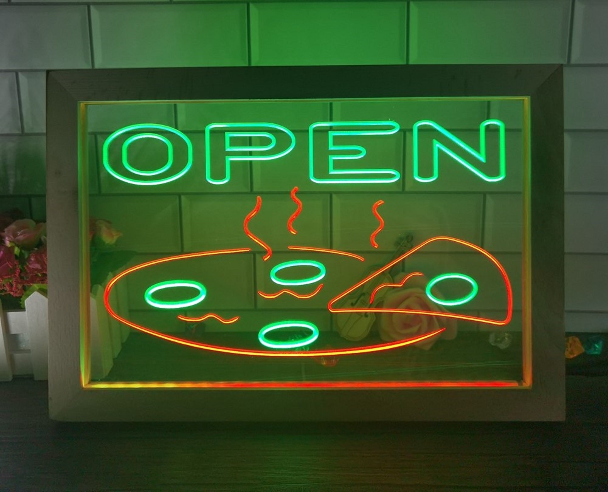 Open Hot Pizza Led Neon Sign Framed Pizzeria Restaurant Wall Hanging Decor