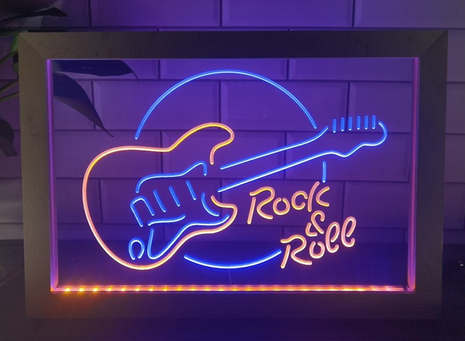 Guitar Roll & Rock Led Neon Sign Framed Home Music Room Recording Studio Decor