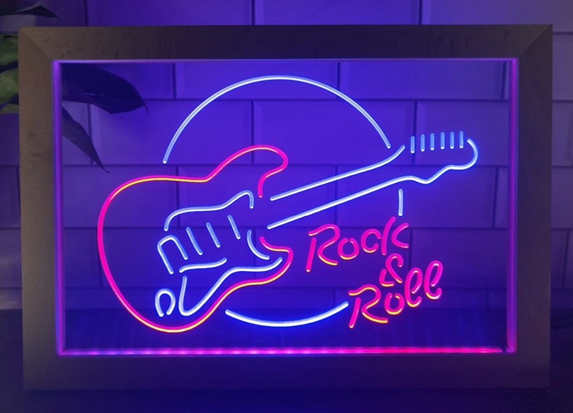 Guitar Roll & Rock Led Neon Sign Framed Home Music Room Recording Studio Decor