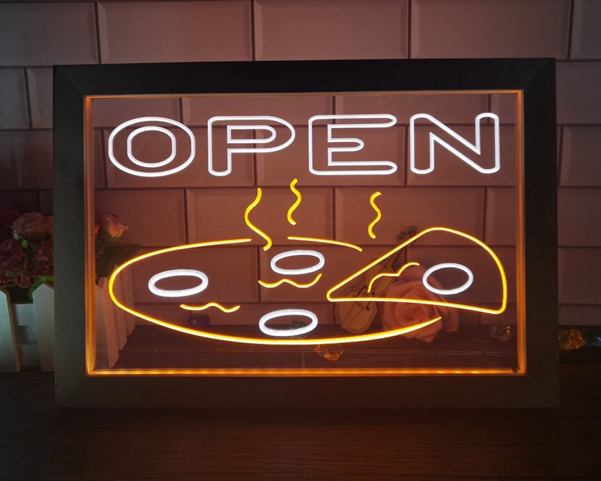 Open Hot Pizza Led Neon Sign Framed Pizzeria Restaurant Wall Hanging Decor