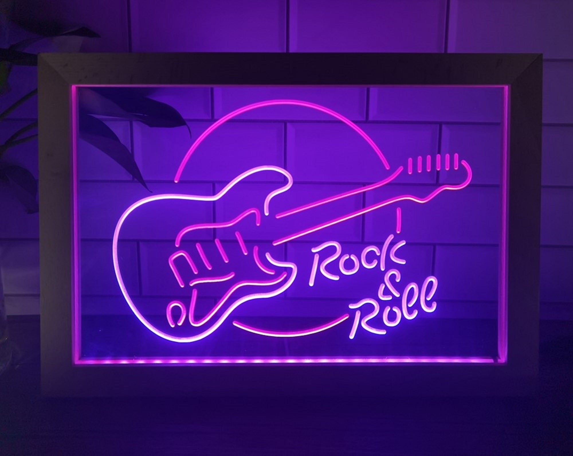Guitar Roll & Rock Led Neon Sign Framed Home Music Room Recording Studio Decor