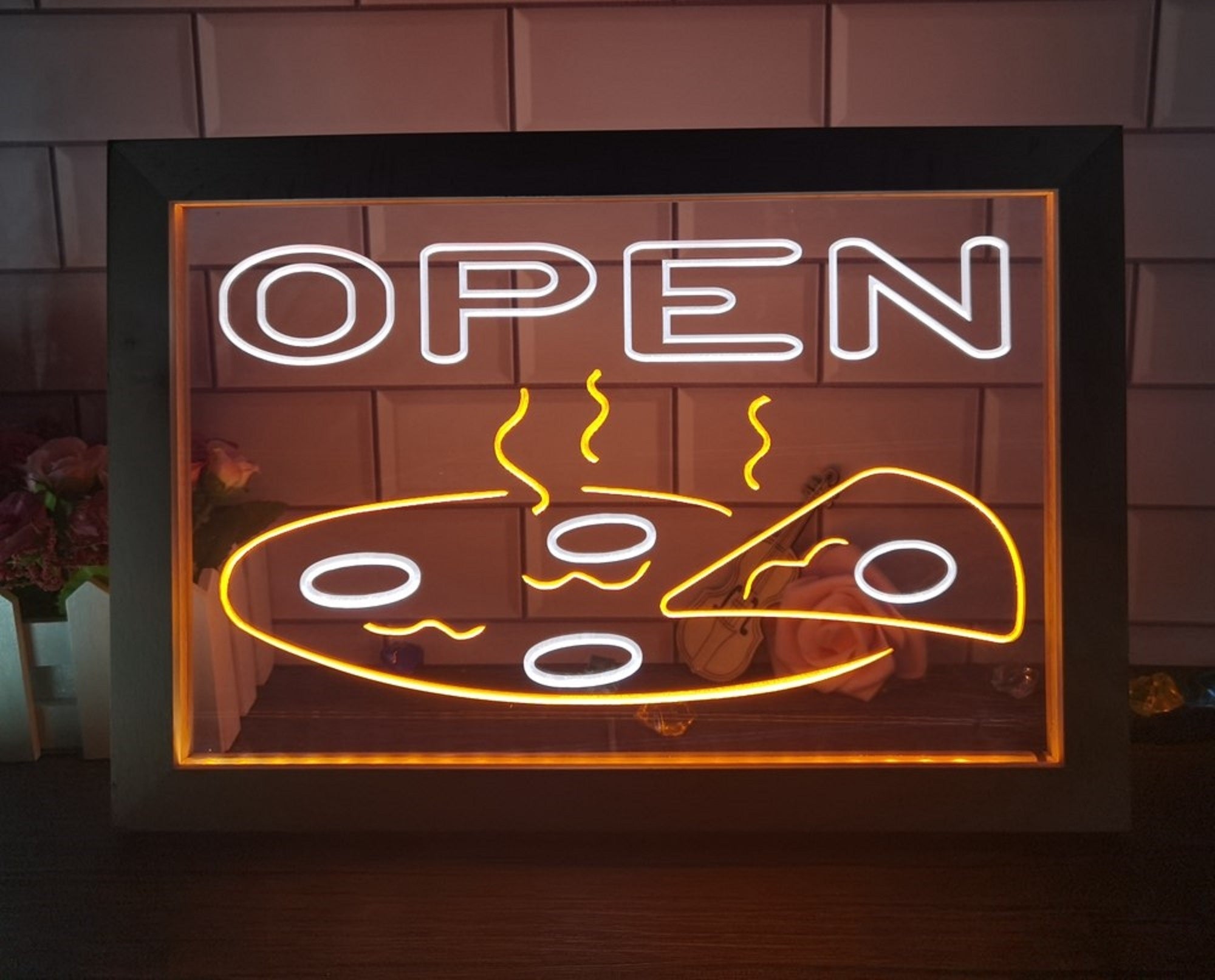 Open Hot Pizza Led Neon Sign Framed Pizzeria Restaurant Wall Hanging Decor