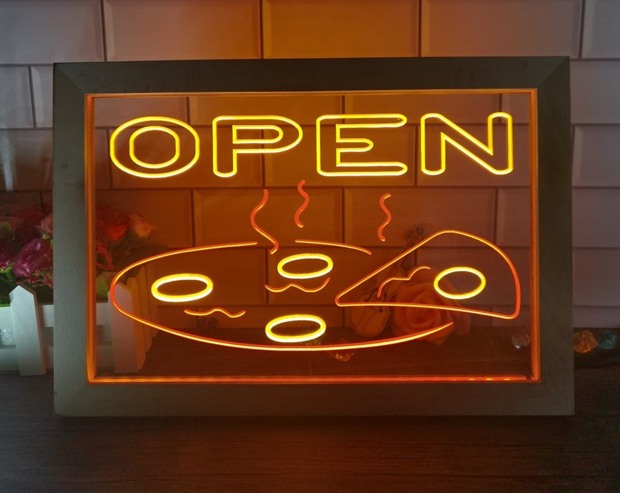 Open Hot Pizza Led Neon Sign Framed Pizzeria Restaurant Wall Hanging Decor