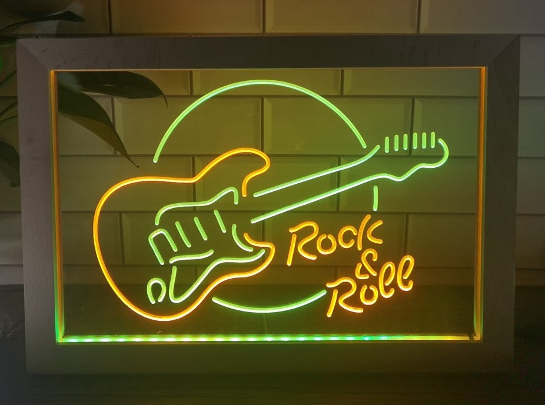 Guitar Roll & Rock Led Neon Sign Framed Home Music Room Recording Studio Decor