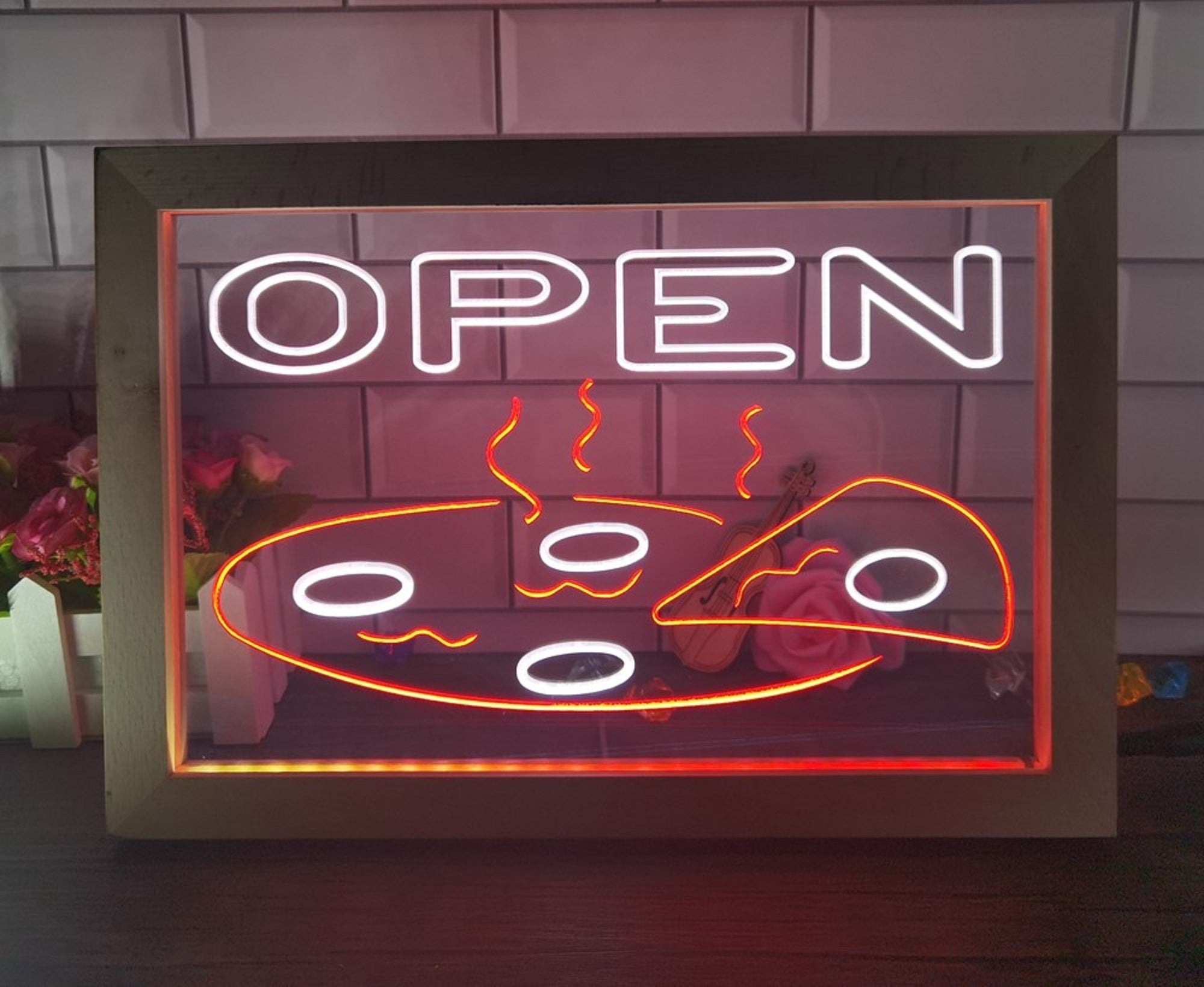 Open Hot Pizza Led Neon Sign Framed Pizzeria Restaurant Wall Hanging Decor