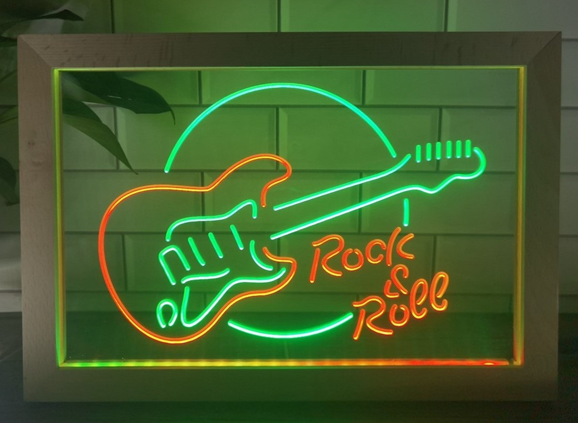 Guitar Roll & Rock Led Neon Sign Framed Home Music Room Recording Studio Decor