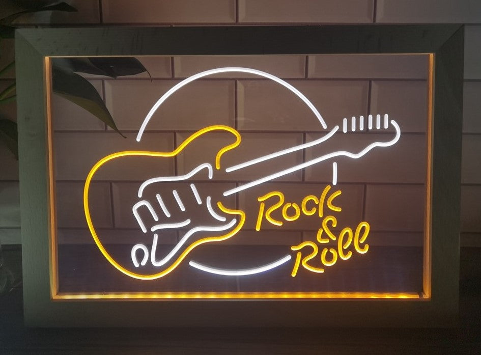Guitar Roll & Rock Led Neon Sign Framed Home Music Room Recording Studio Decor