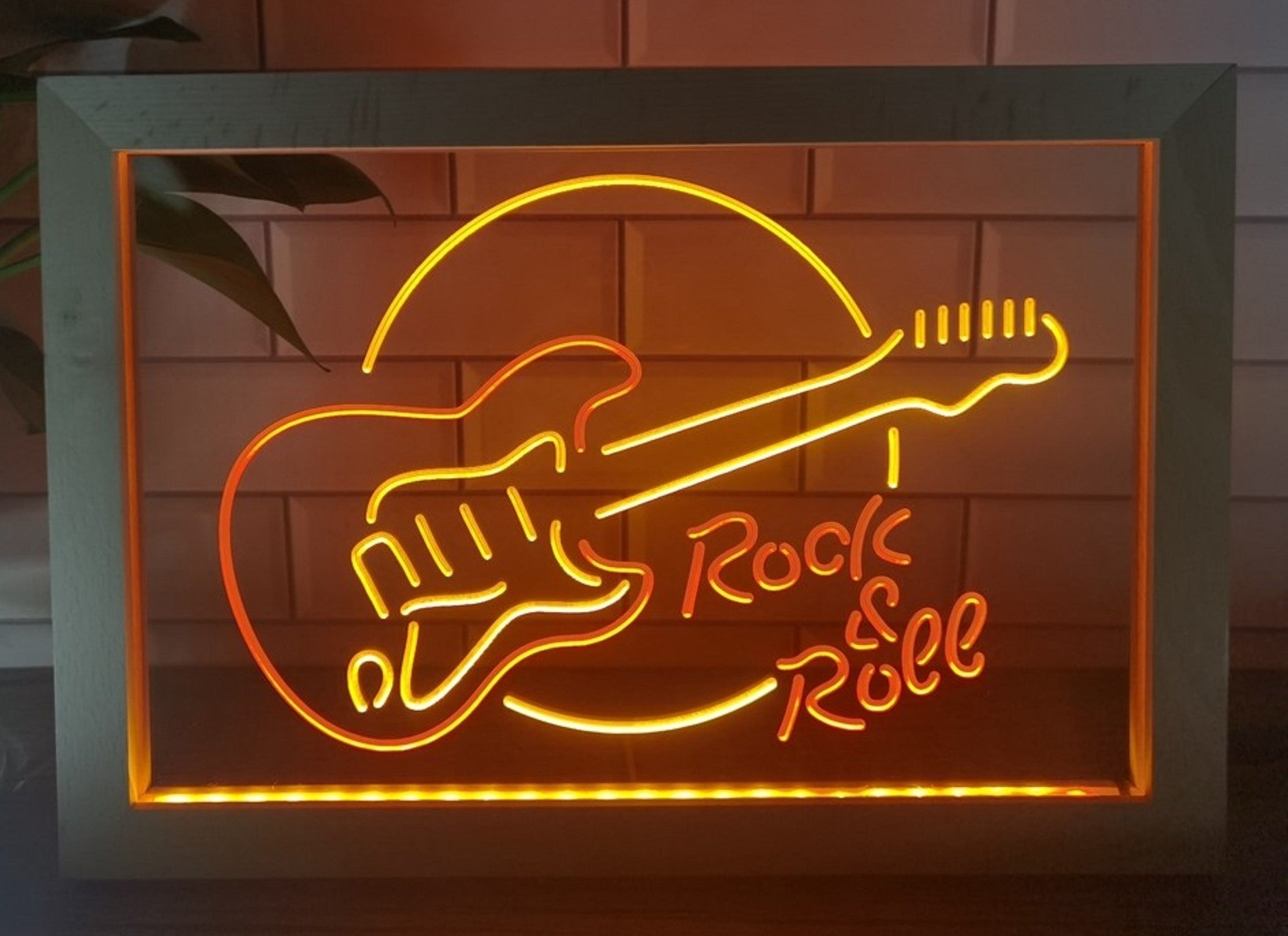 Guitar Roll & Rock Led Neon Sign Framed Home Music Room Recording Studio Decor
