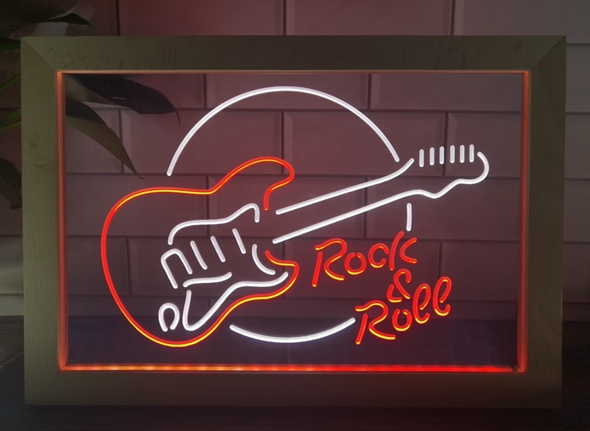 Guitar Roll & Rock Led Neon Sign Framed Home Music Room Recording Studio Decor