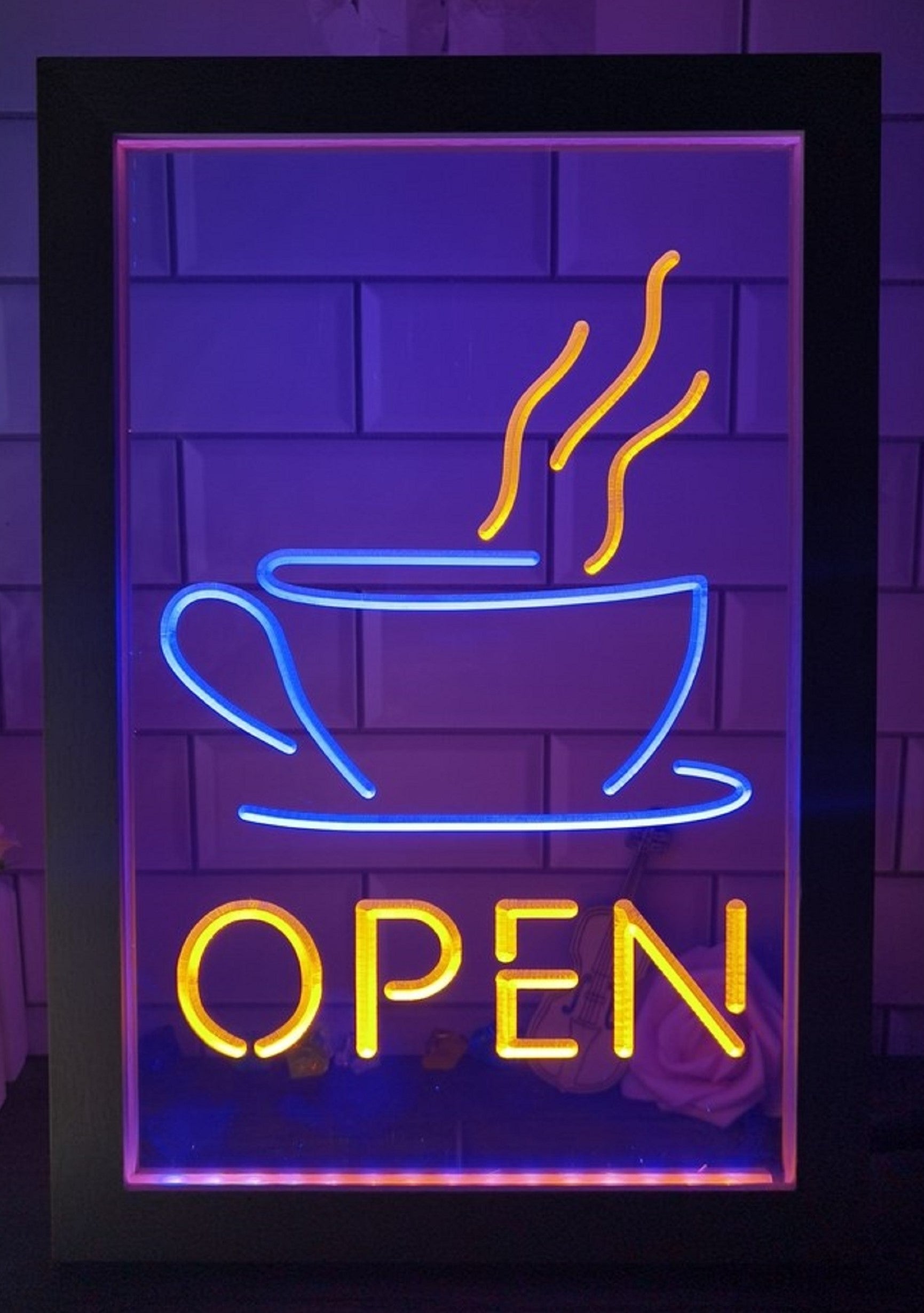 Hot Cafe Open Led Neon Sign Framed Coffee Shop Wall Hanging Decor
