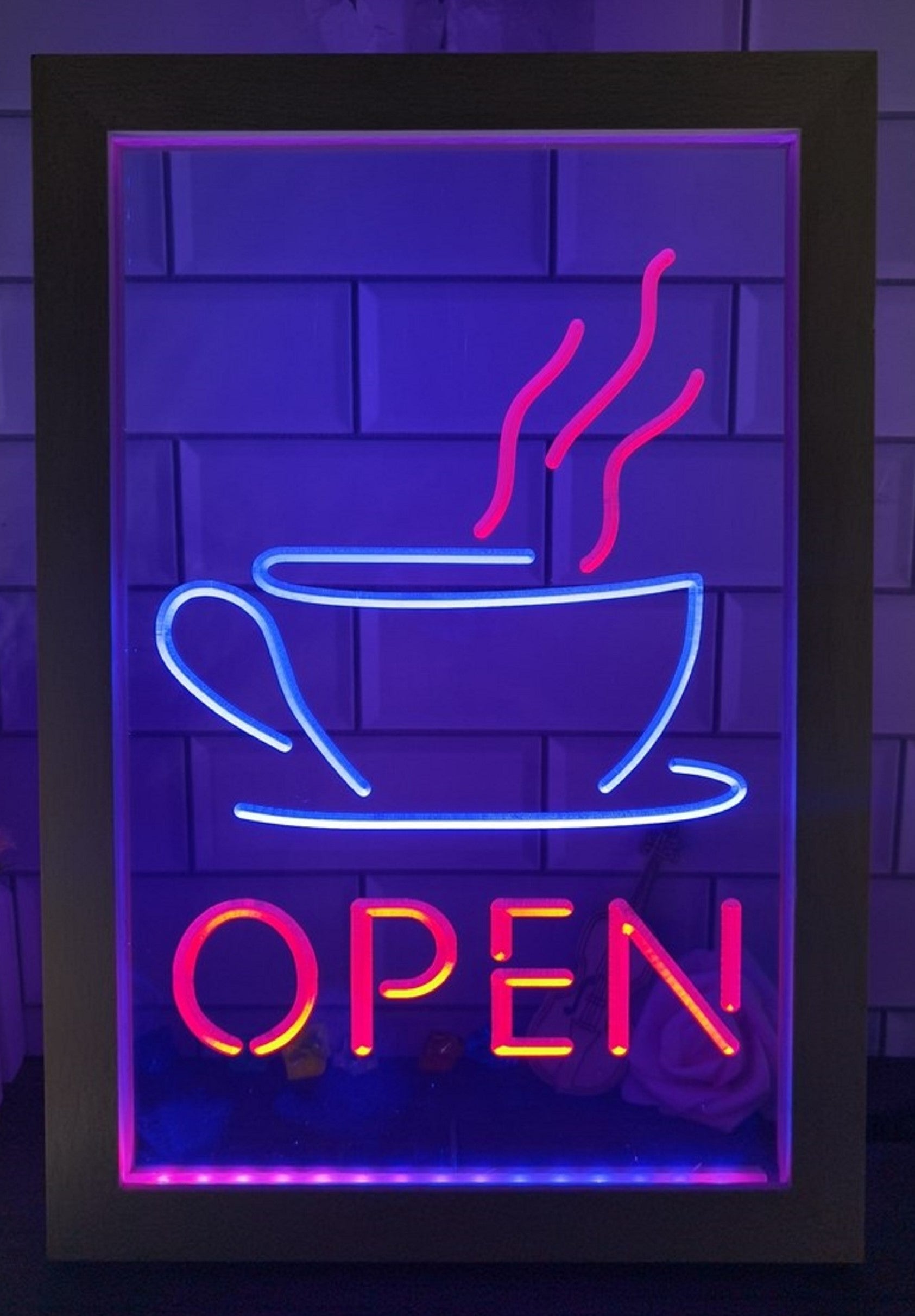 Hot Cafe Open Led Neon Sign Framed Coffee Shop Wall Hanging Decor