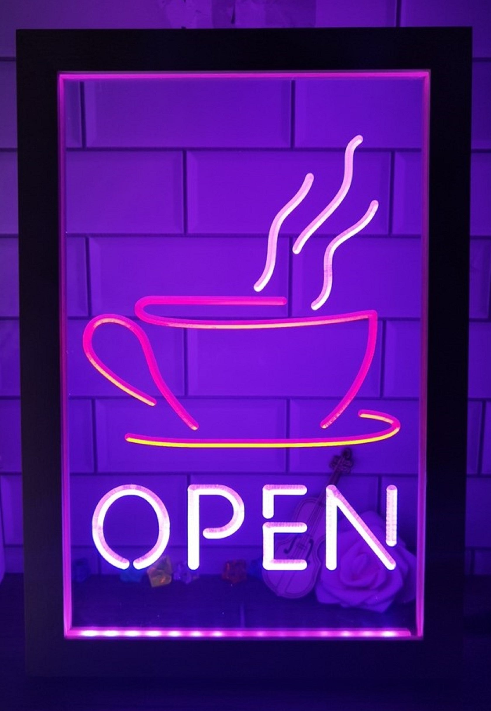 Hot Cafe Open Led Neon Sign Framed Coffee Shop Wall Hanging Decor