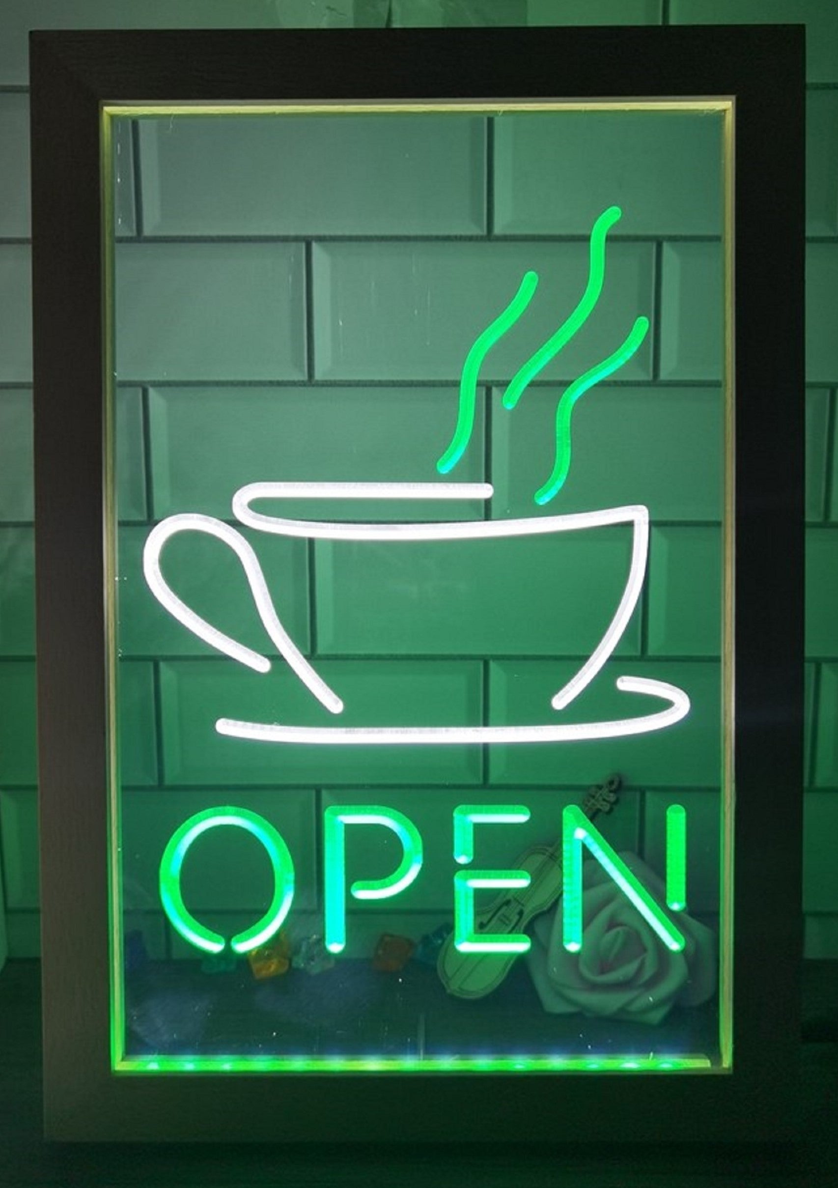 Hot Cafe Open Led Neon Sign Framed Coffee Shop Wall Hanging Decor