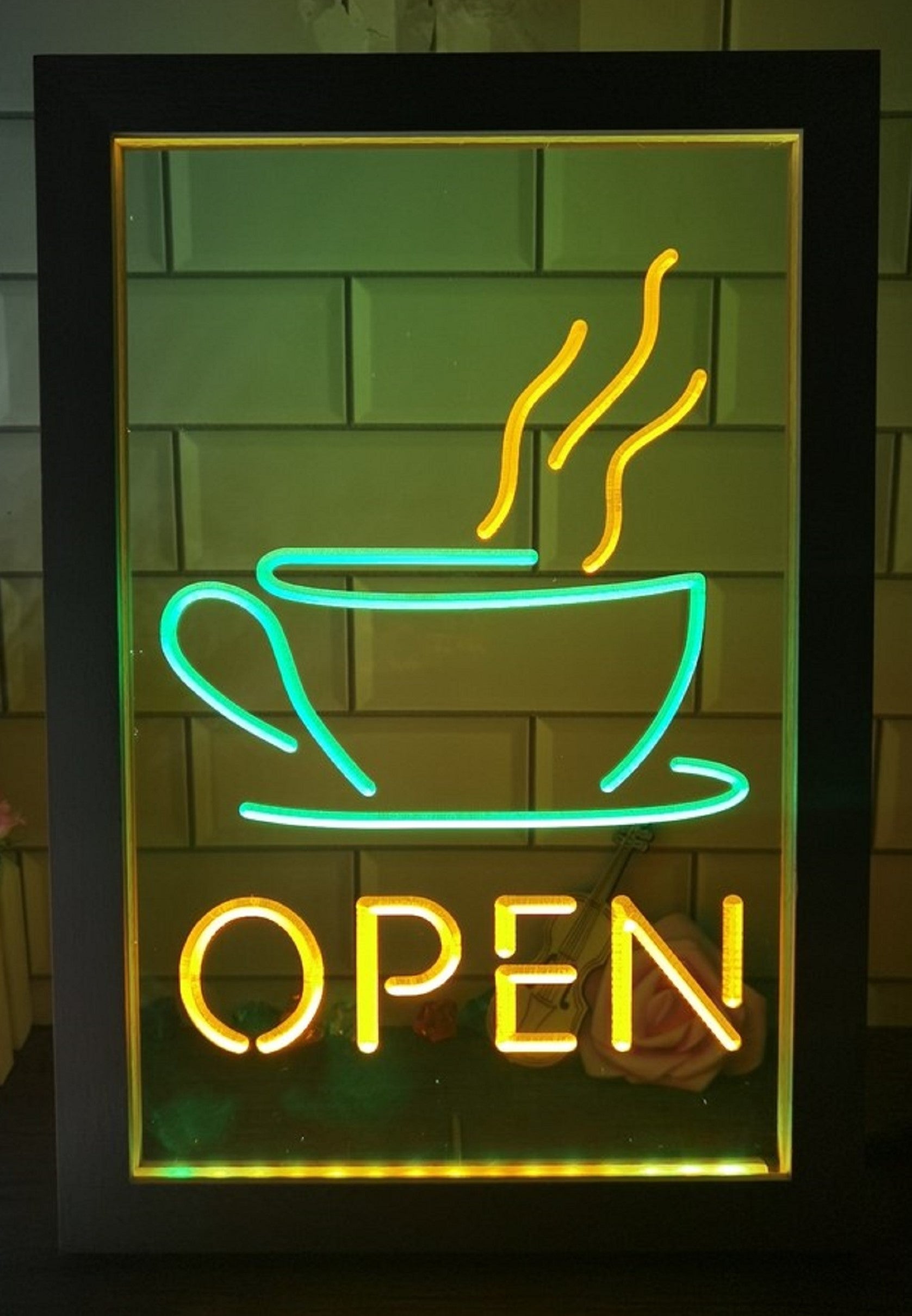Hot Cafe Open Led Neon Sign Framed Coffee Shop Wall Hanging Decor