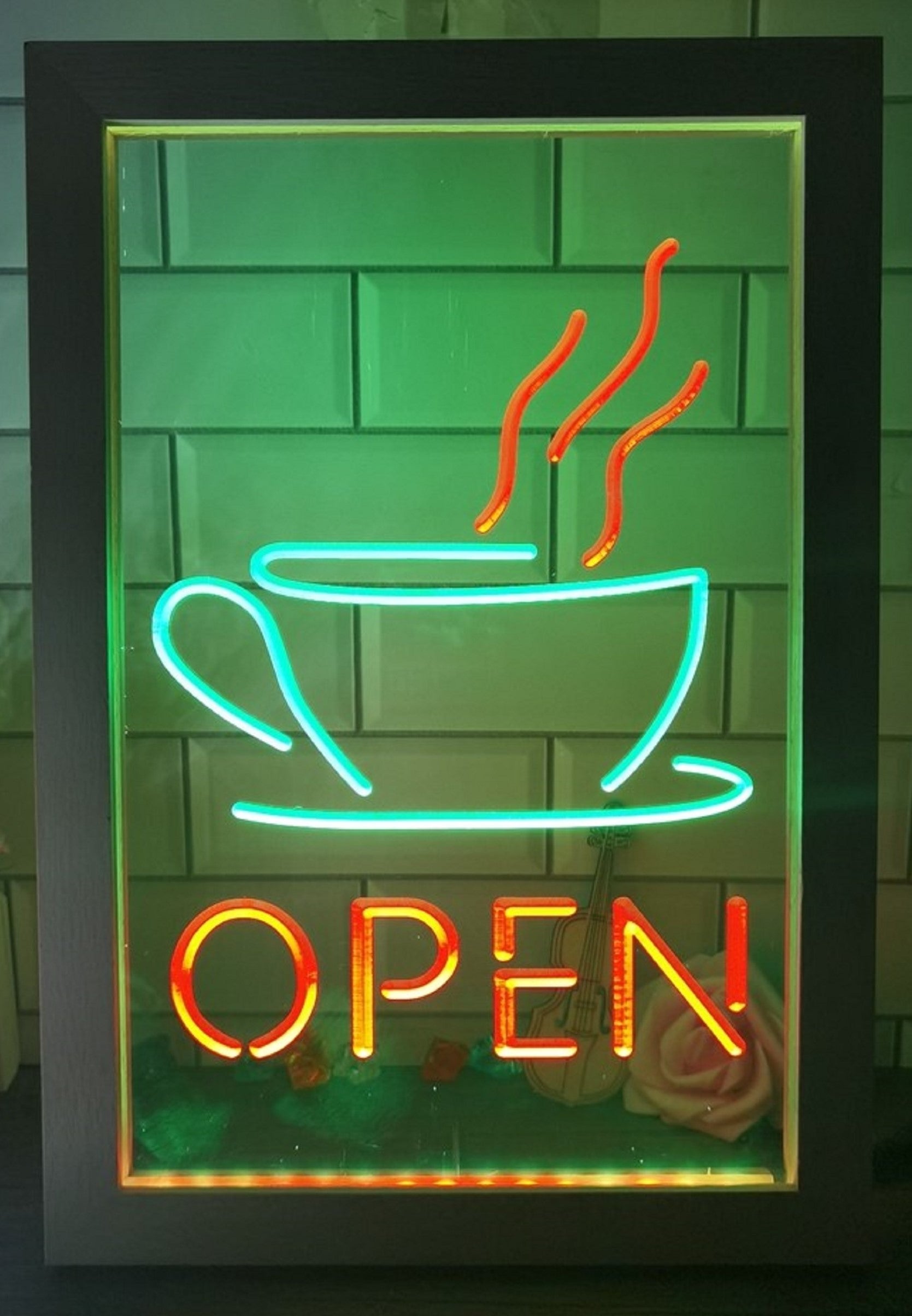 Hot Cafe Open Led Neon Sign Framed Coffee Shop Wall Hanging Decor