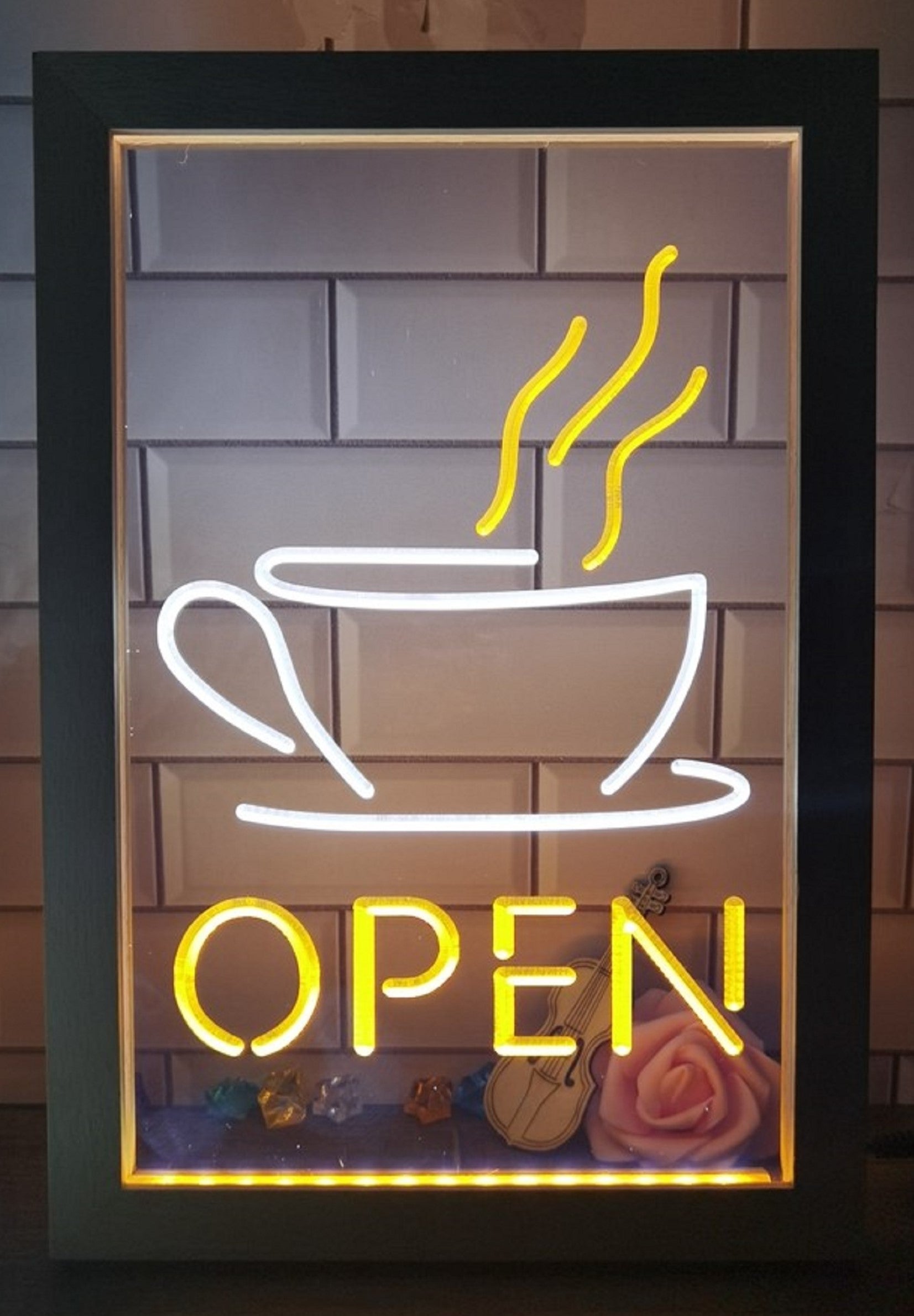 Hot Cafe Open Led Neon Sign Framed Coffee Shop Wall Hanging Decor