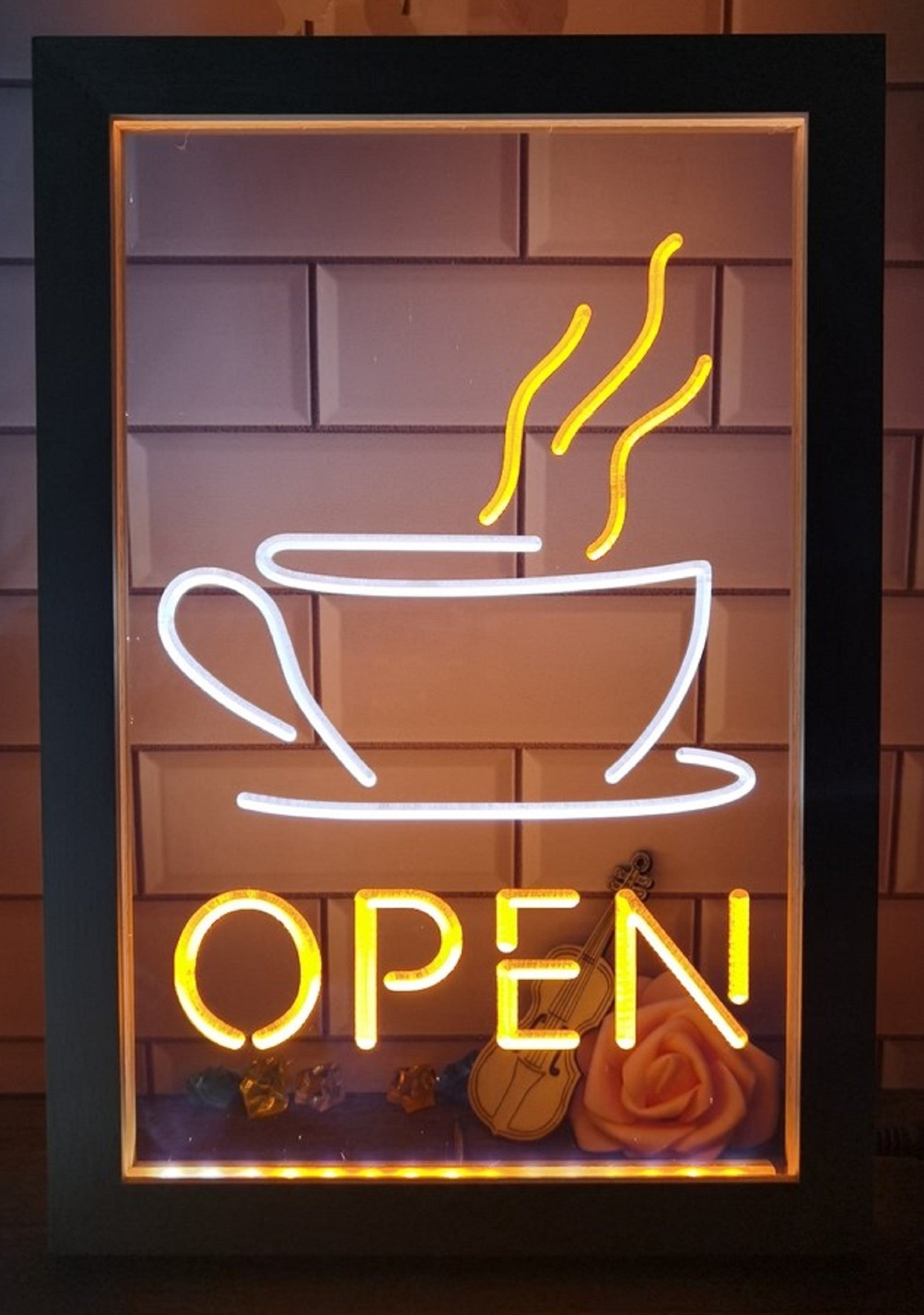Hot Cafe Open Led Neon Sign Framed Coffee Shop Wall Hanging Decor