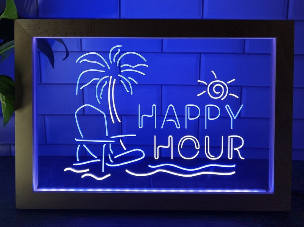 Happy Hour Beach Led Neon Sign Framed Home Restaurant Coffee Shop Decor