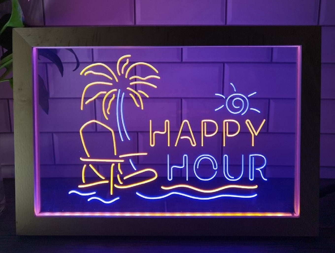 Happy Hour Beach Led Neon Sign Framed Home Restaurant Coffee Shop Decor