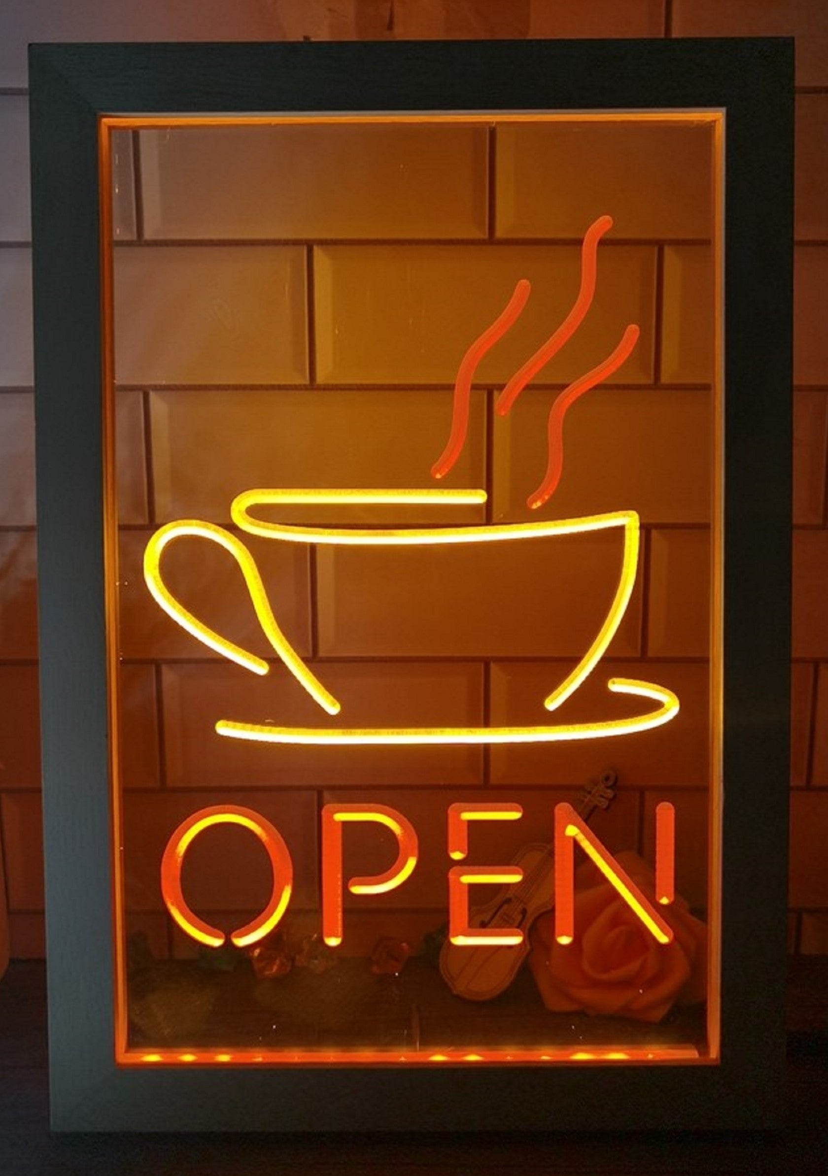 Hot Cafe Open Led Neon Sign Framed Coffee Shop Wall Hanging Decor