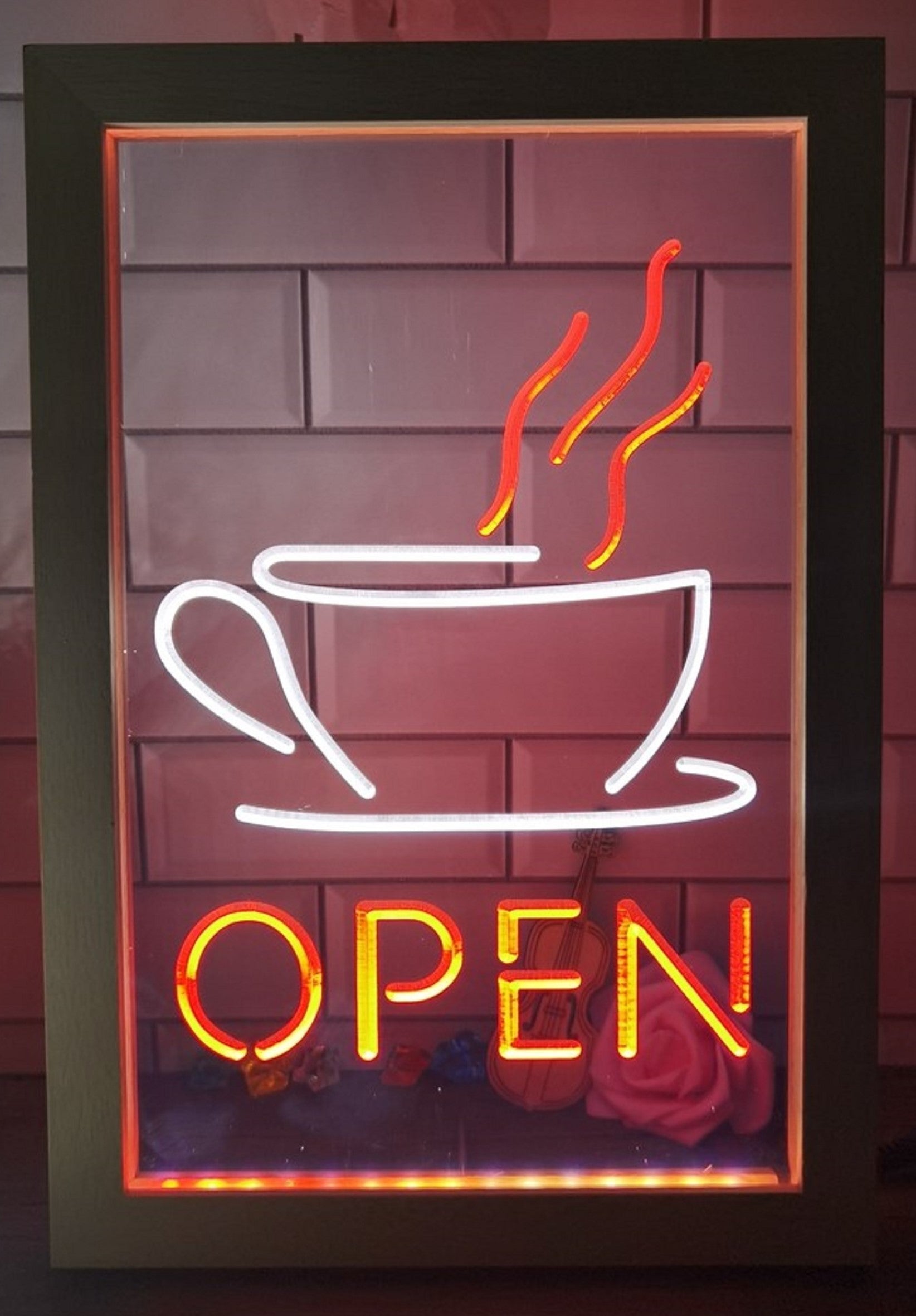 Hot Cafe Open Led Neon Sign Framed Coffee Shop Wall Hanging Decor