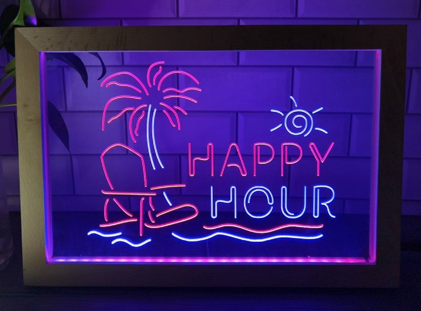 Happy Hour Beach Led Neon Sign Framed Home Restaurant Coffee Shop Decor