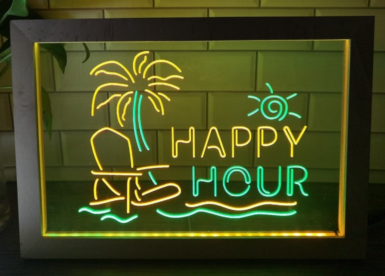 Happy Hour Beach Led Neon Sign Framed Home Restaurant Coffee Shop Decor