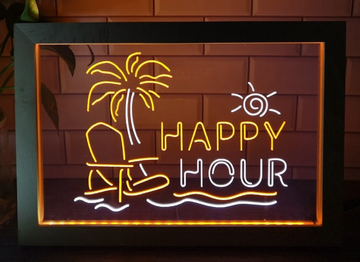 Happy Hour Beach Led Neon Sign Framed Home Restaurant Coffee Shop Decor