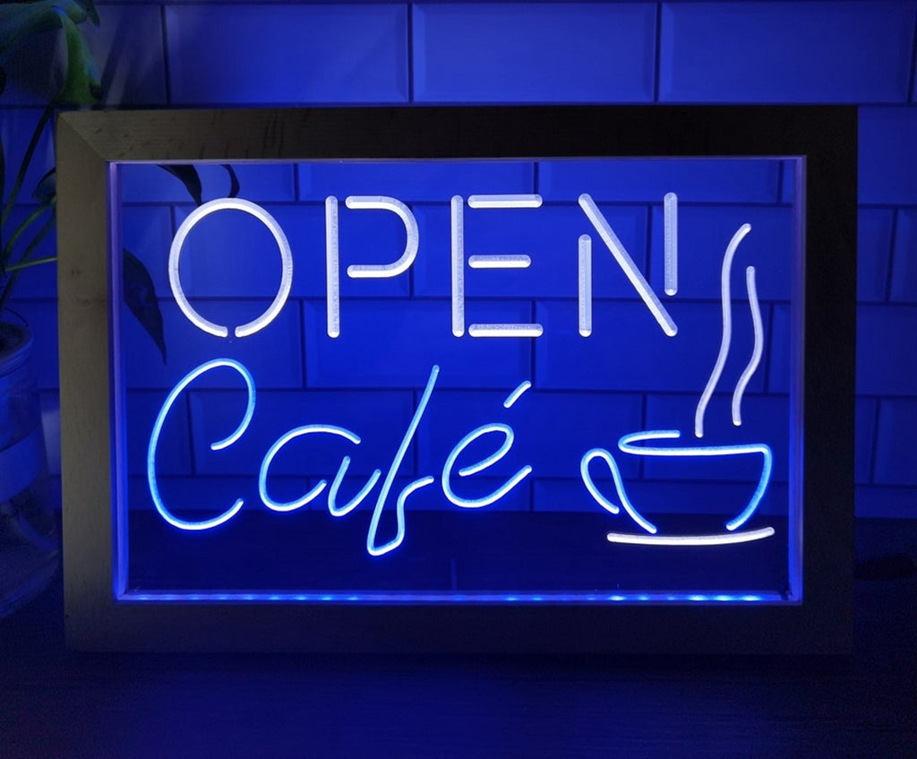 Open Café Led Neon Sign Framed Coffee Shop Decor Wall Hanging
