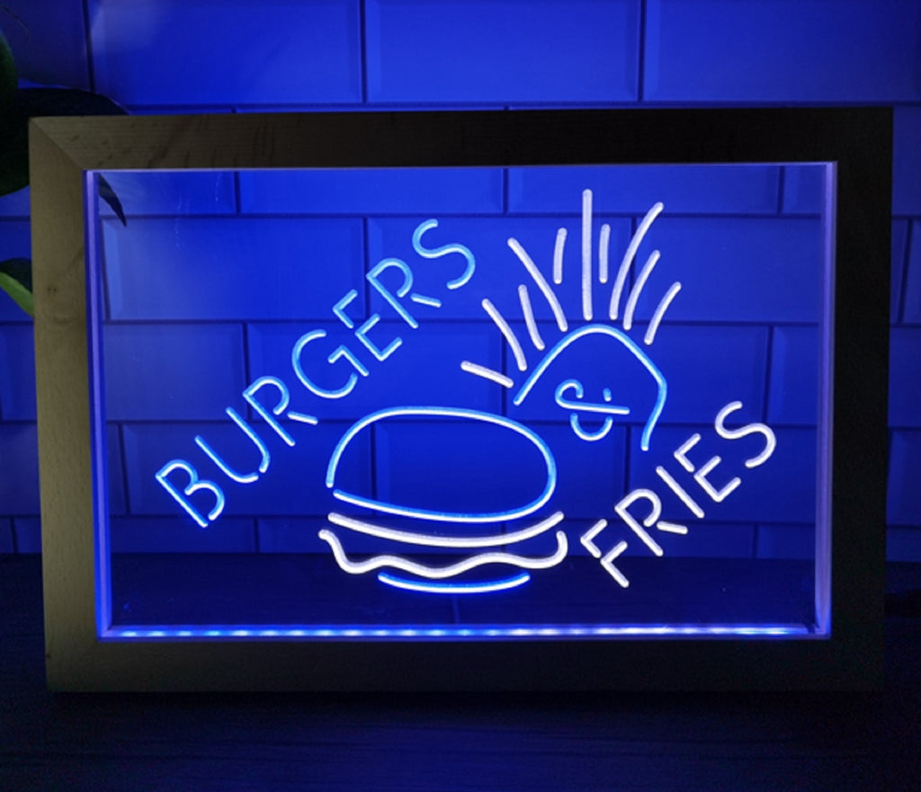 Burgers & Fries Led Neon Sign Framed Kebab Burger Restaurant Decor
