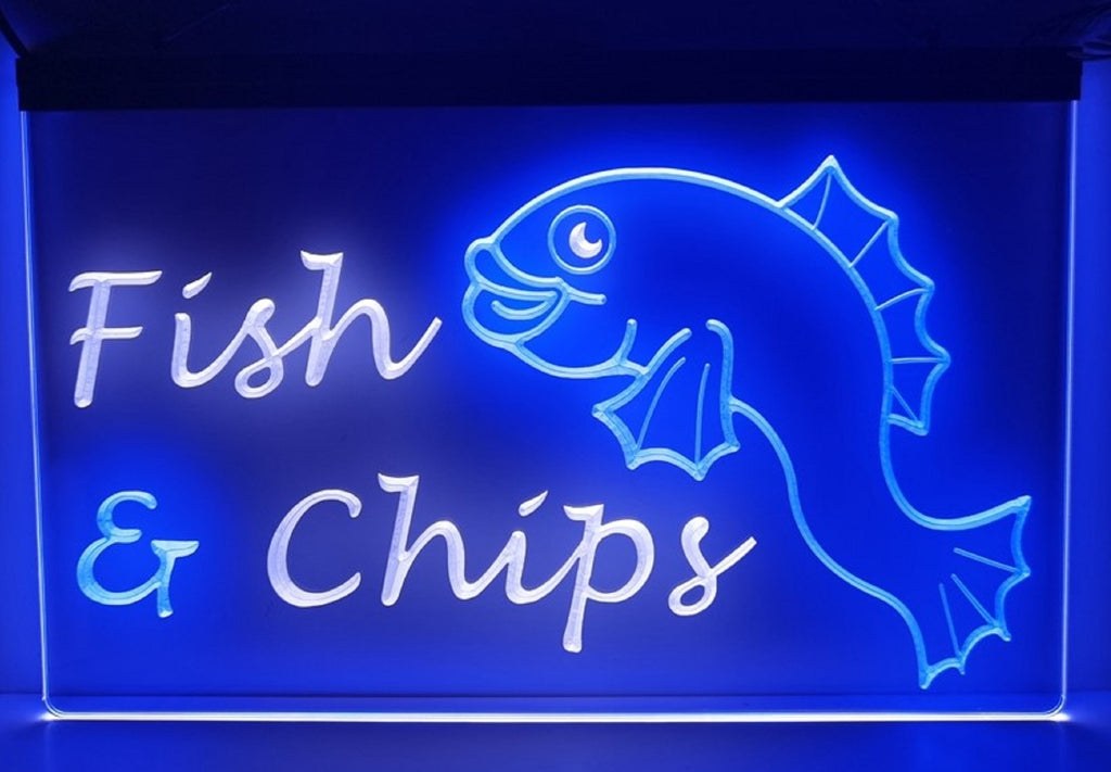 Fish & Chips Led Neon Sign Dual Color Seafood Fish Restaurant Home Kitchen Decor